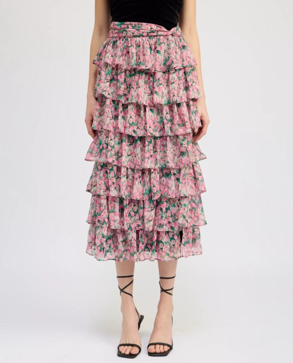 En Saison Lyra Tiered Midi Skirt Womens S Pink Floral Print High-rise Bohemian